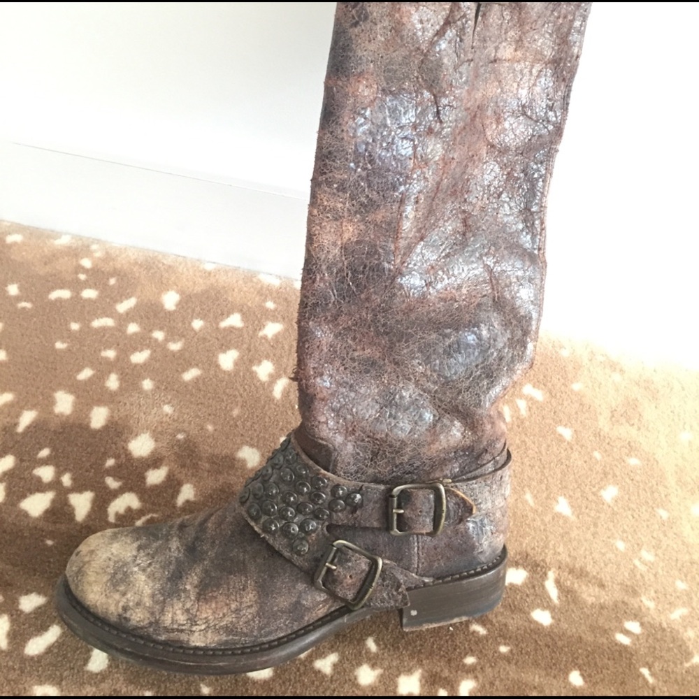 Frye Brown Studded Harness Tall Combat Boot
